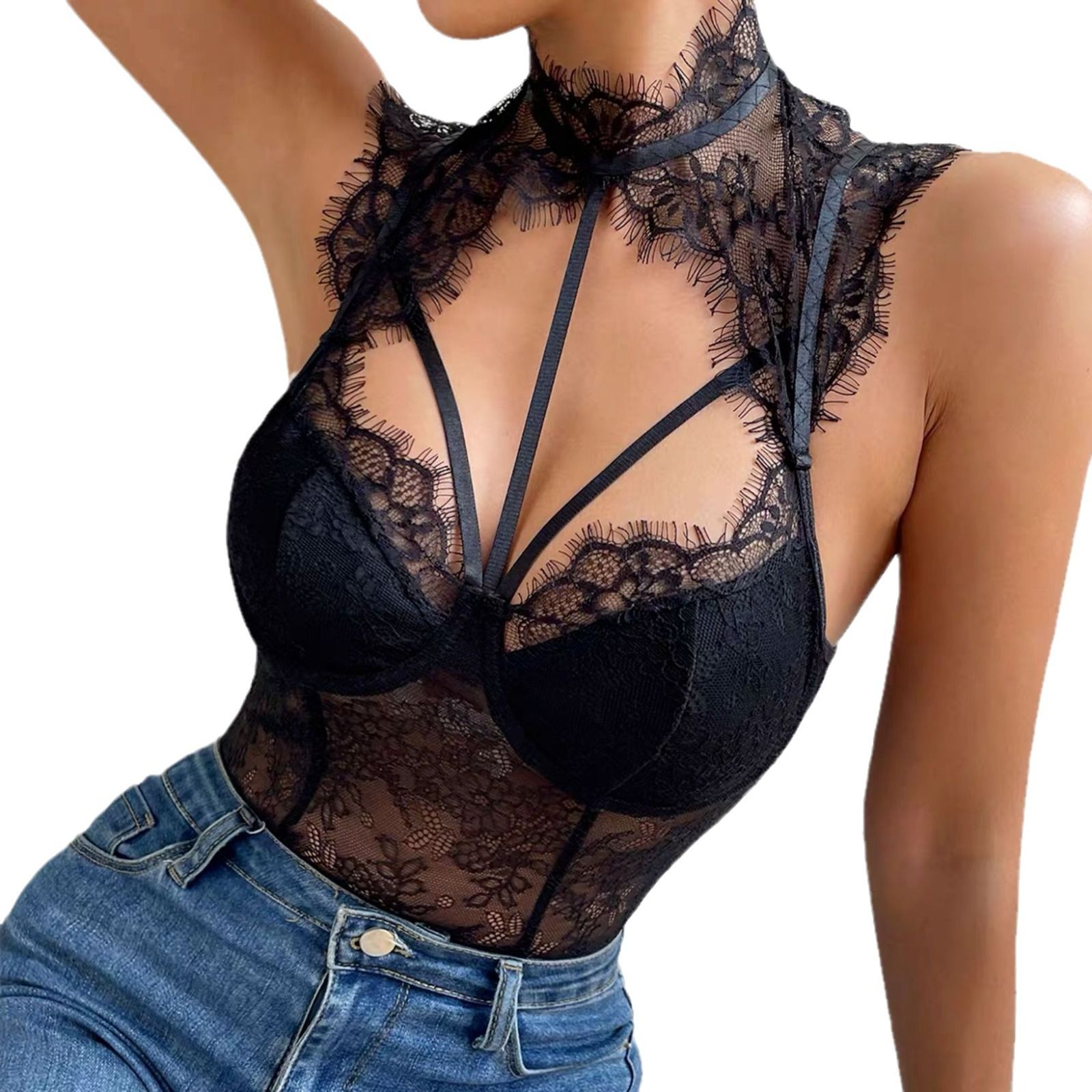 Clothes > Women's Clothing > Dresses Summer fashion sexy wild round neck lace lace breast cotton hot girl style jumpsuit