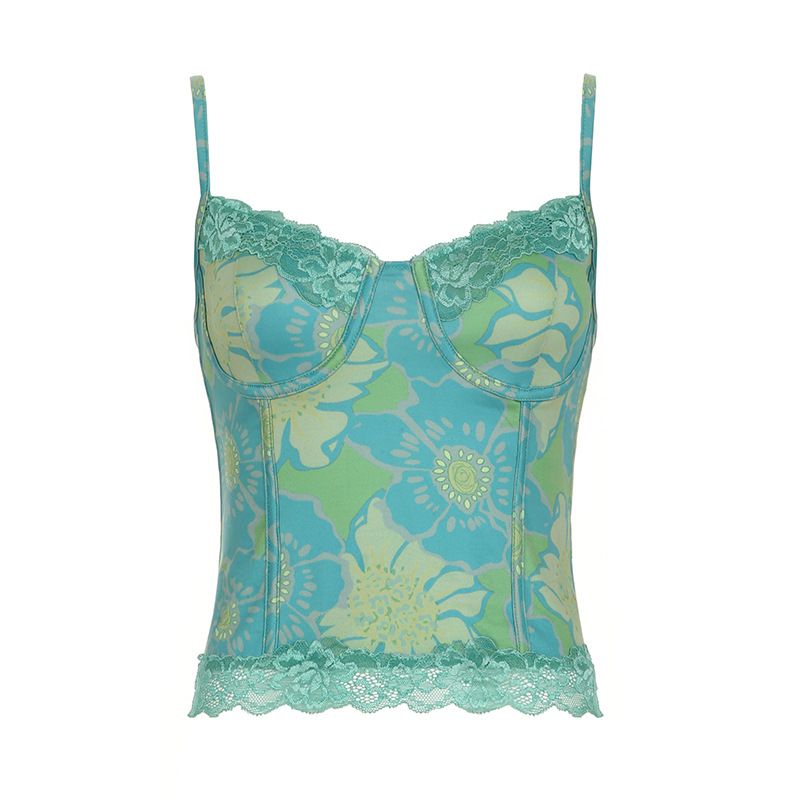 Clothes > Women's Clothing > Tops > Tanks & Camis (Tank Tops) Vacation style floral print lace breast small suspender women's inner slim V-neck vest