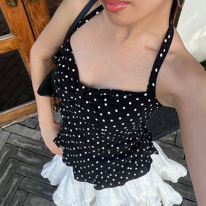 Clothes > Women's Clothing > Tops > Tanks & Camis (Tank Tops)  Vacation style contrasting color polka dot black ears halter neck vest women versatile sexy waist and backless pleated chest strap