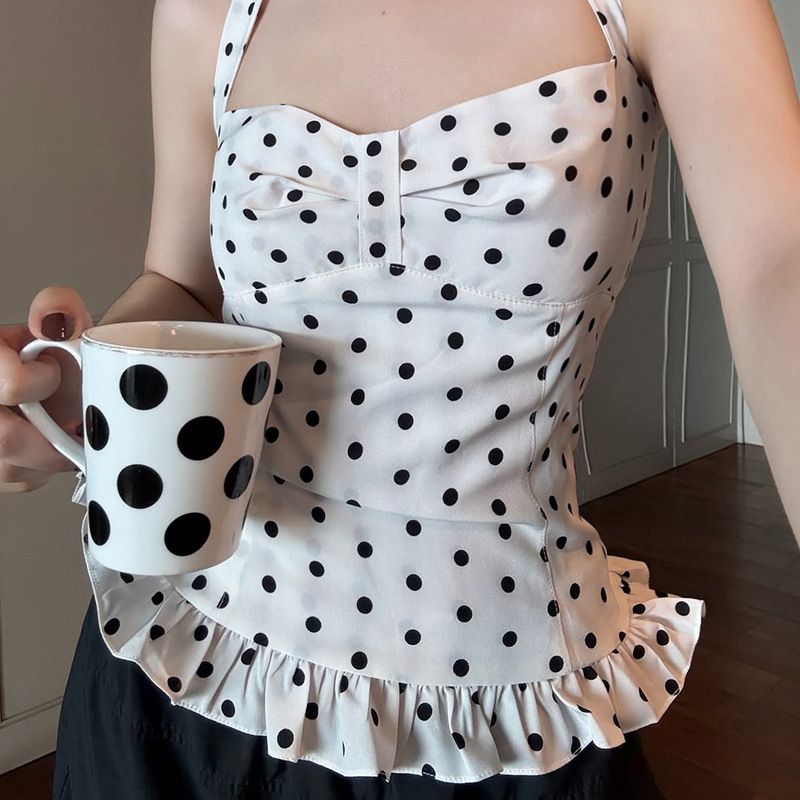 Clothes > Women's Clothing > Tops > Tanks & Camis (Tank Tops)  Vacation style contrasting color polka dot black ears halter neck vest women versatile sexy waist and backless pleated chest strap
