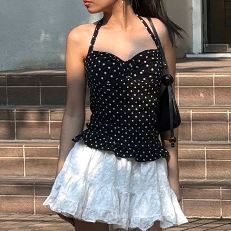 Clothes > Women's Clothing > Tops > Tanks & Camis (Tank Tops)  Vacation style contrasting color polka dot black ears halter neck vest women versatile sexy waist and backless pleated chest strap