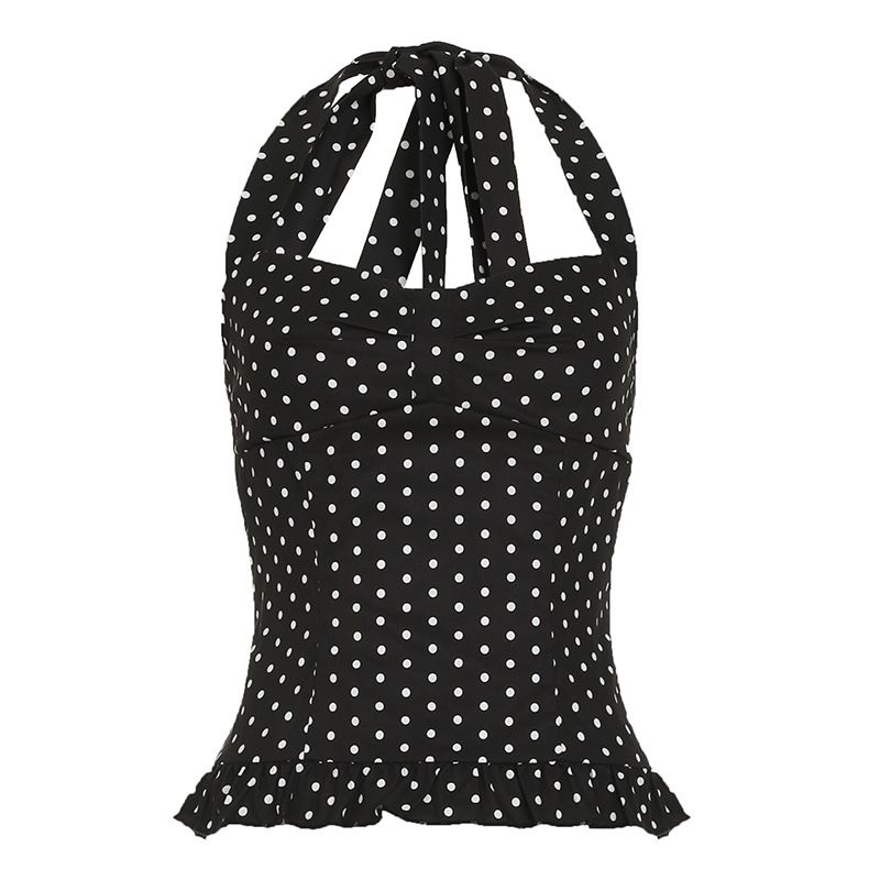 Clothes > Women's Clothing > Tops > Tanks & Camis (Tank Tops)  Vacation style contrasting color polka dot black ears halter neck vest women versatile sexy waist and backless pleated chest strap