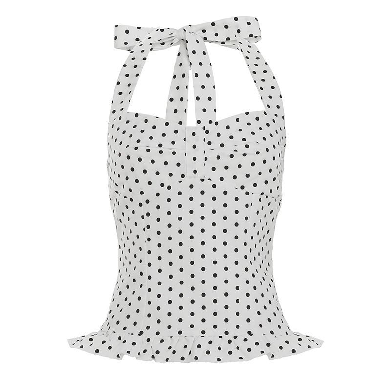 Clothes > Women's Clothing > Tops > Tanks & Camis (Tank Tops)  Vacation style contrasting color polka dot black ears halter neck vest women versatile sexy waist and backless pleated chest strap