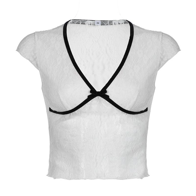 Clothes > Women's Clothing > Tops > Tanks & Camis (Tank Tops)  Contrasting color V-neck lace top for women with simple bow chest design pullover base shirt navel short-sleeved T-shirt summer
