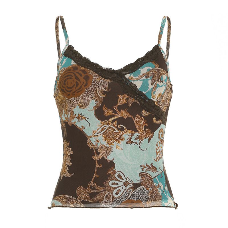 Clothes > Women's Clothing > Tops > Tanks & Camis (Tank Tops) Retro printed floral suspender women's pleated straps waist-closing slim one-length vest sleeveless base top