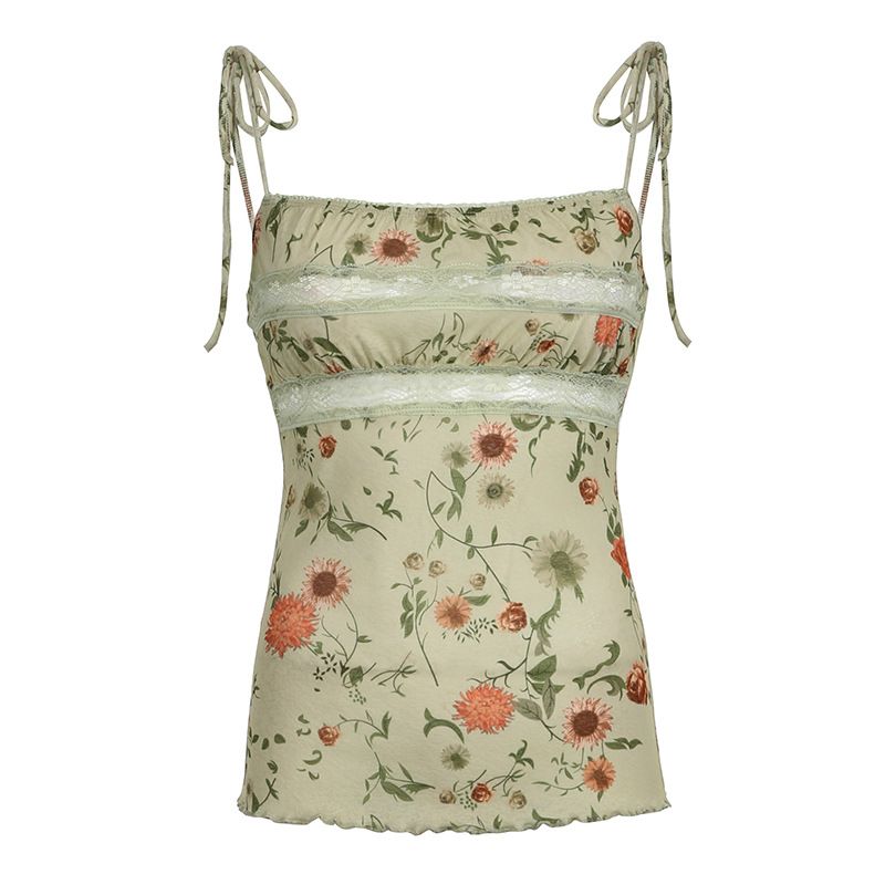 Clothes > Women's Clothing > Tops > Tanks & Camis (Tank Tops) Retro printed floral suspender women's pleated straps waist-closing slim one-length vest sleeveless base top