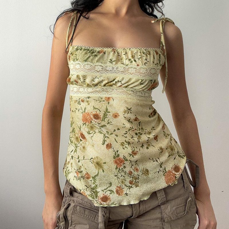 Clothes > Women's Clothing > Tops > Tanks & Camis (Tank Tops) Retro printed floral suspender women's pleated straps waist-closing slim one-length vest sleeveless base top