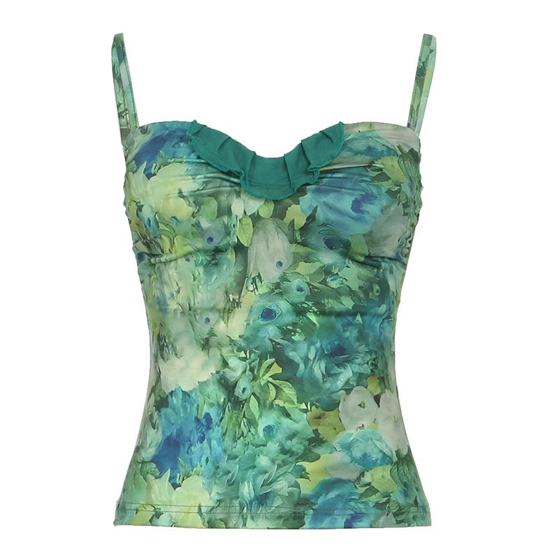 Clothes > Women's Clothing > Tops > Tanks & Camis (Tank Tops) Retro printed floral suspender women's pleated straps waist-closing slim one-length vest sleeveless base top