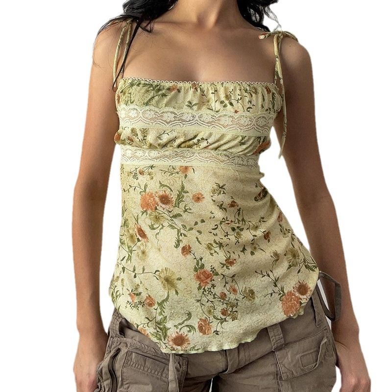 Clothes > Women's Clothing > Tops > Tanks & Camis (Tank Tops) Retro printed floral suspender women's pleated straps waist-closing slim one-length vest sleeveless base top