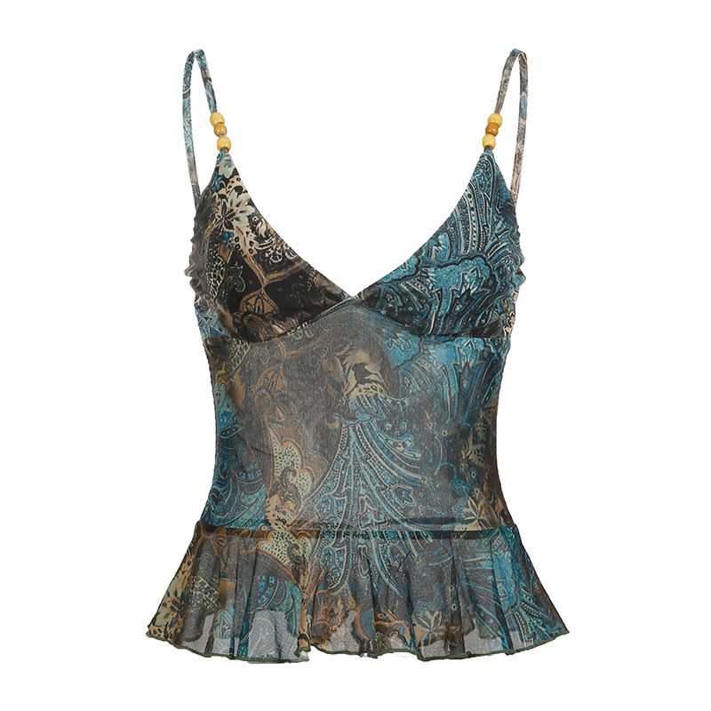 Clothes > Women's Clothing > Tops > Tanks & Camis (Tank Tops) Retro printed floral suspender women's pleated straps waist-closing slim one-length vest sleeveless base top
