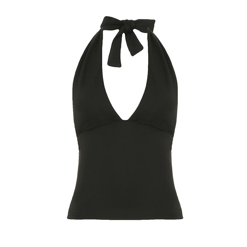 Clothes > Women's Clothing > Tops > Tanks & Camis (Tank Tops)  2025 new solid color lace-up neck V-neck vest female deep V-neck slim backless top