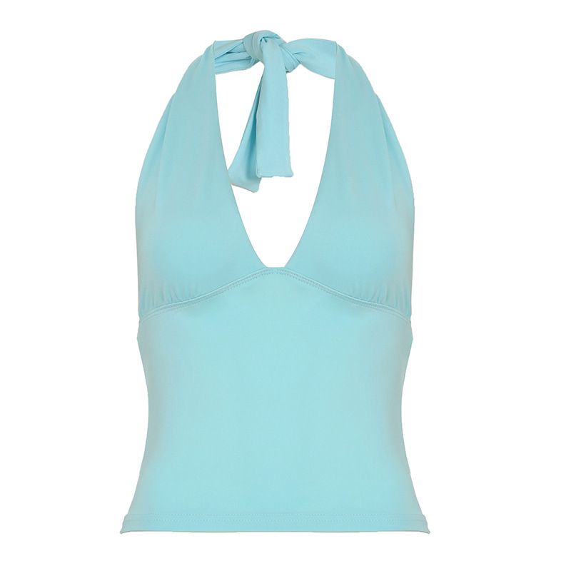 Clothes > Women's Clothing > Tops > Tanks & Camis (Tank Tops)  2025 new solid color lace-up neck V-neck vest female deep V-neck slim backless top