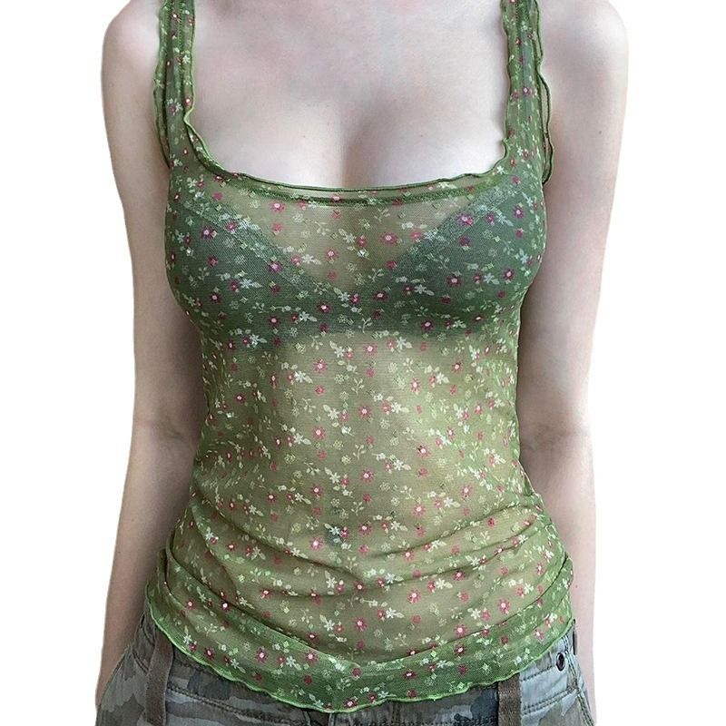Clothes > Women's Clothing > Tops > Tanks & Camis (Tank Tops) Small mesh floral perspective layered suspender vest women's retro micro perspective black ears U-neck short top summer