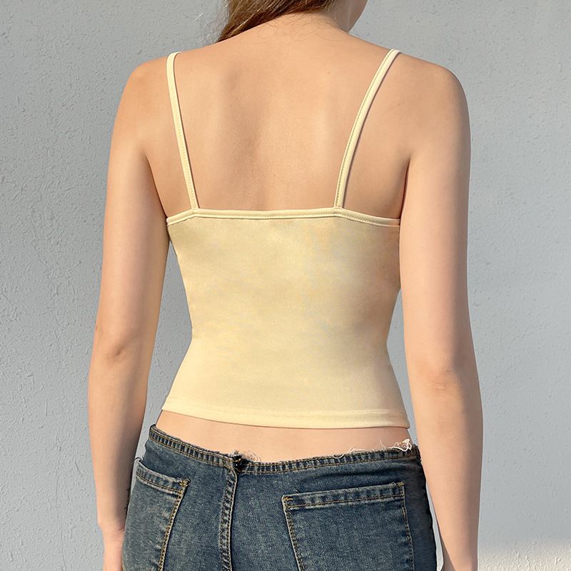 Clothes > Women's Clothing > Tops > Tanks & Camis (Tank Tops) Vacation style sweet solid color ruffled V-neck suspender vest with flower decoration waist top