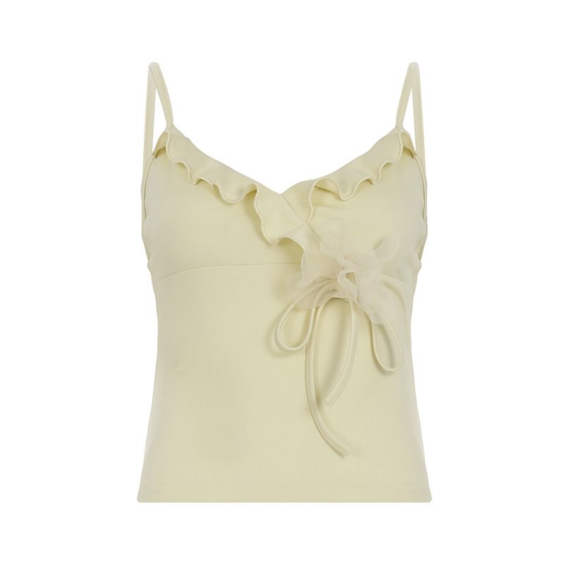 Clothes > Women's Clothing > Tops > Tanks & Camis (Tank Tops) Vacation style sweet solid color ruffled V-neck suspender vest with flower decoration waist top