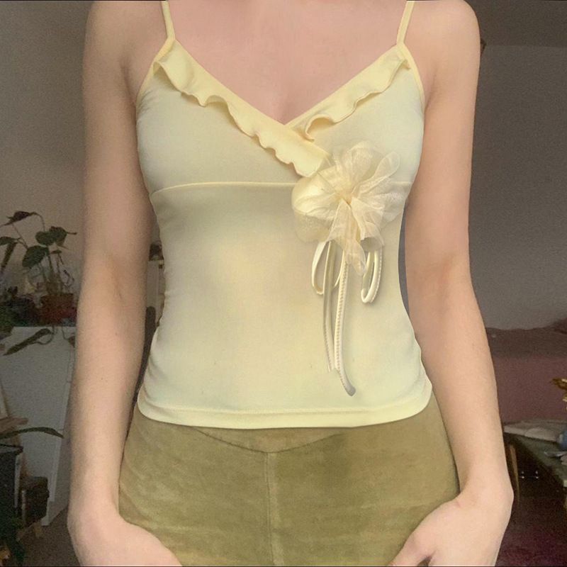 Clothes > Women's Clothing > Tops > Tanks & Camis (Tank Tops) Vacation style sweet solid color ruffled V-neck suspender vest with flower decoration waist top