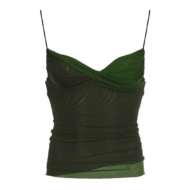 Clothes > Women's Clothing > Tops > Tanks & Camis (Tank Tops) Green spliced ​​mesh small suspender for women's basic breasts, slim back-exposed base vest short top