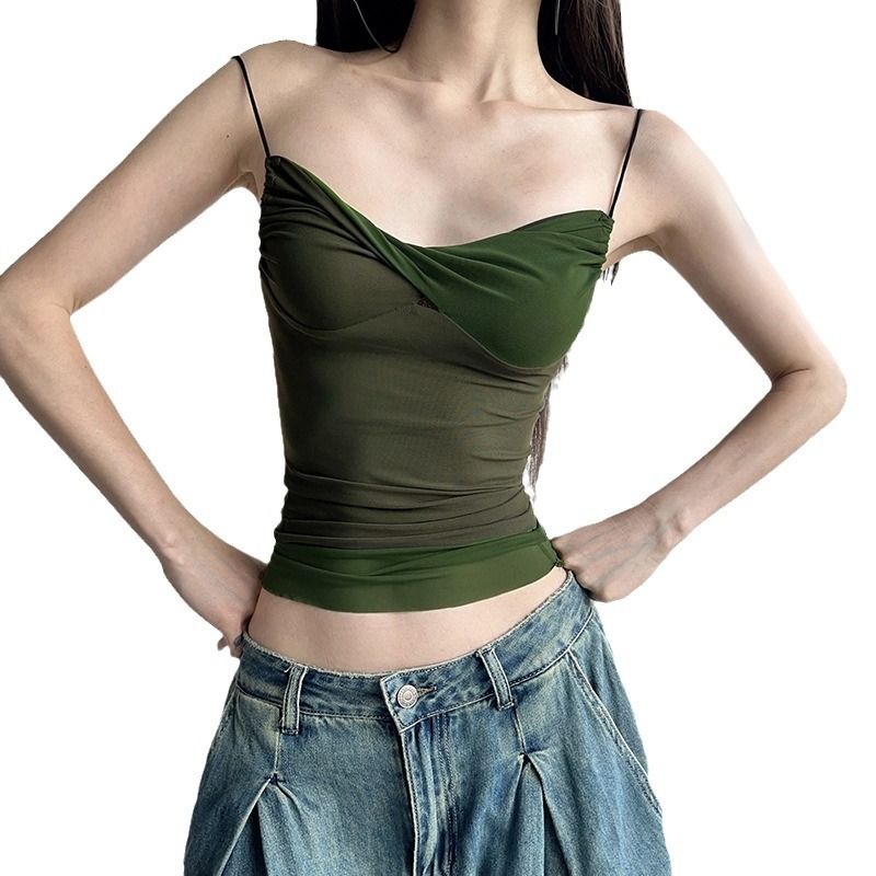 Clothes > Women's Clothing > Tops > Tanks & Camis (Tank Tops) Green spliced ​​mesh small suspender for women's basic breasts, slim back-exposed base vest short top