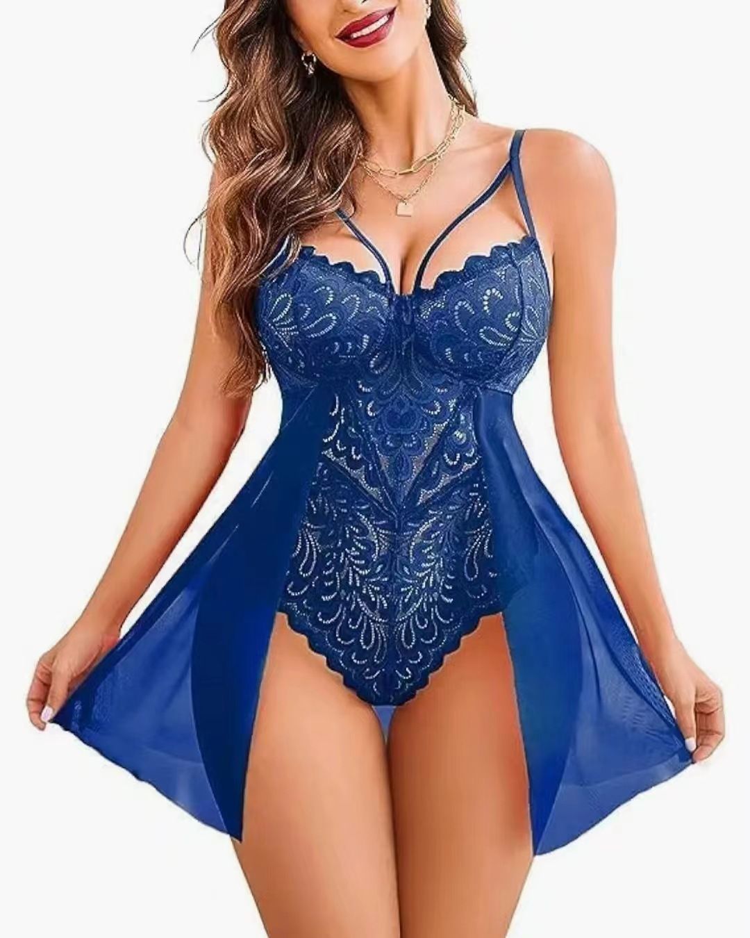 Clothes > Women's Clothing > Lingerie  2025 European and American fat MM sexy perspective lace suspender sexy pajamas large size perspective jumpsuit for women
