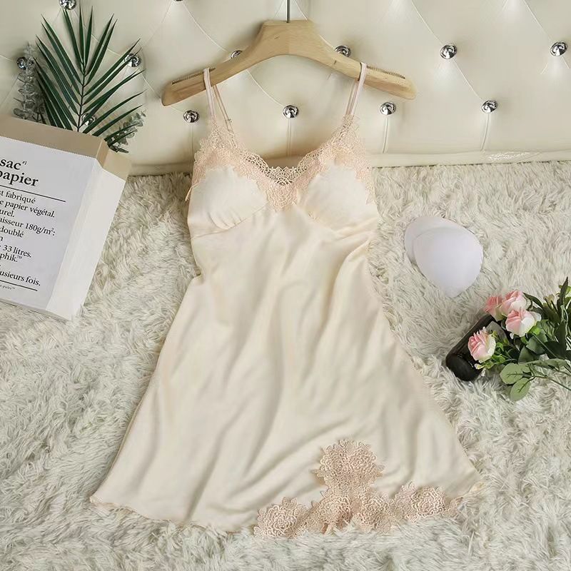 Clothes > Women's New style sexy spring and summer suspender nightgown with breast pad for women's sexy spring and summer suspender nightgown ice silk pajamas women's lace slim gathering home clothes