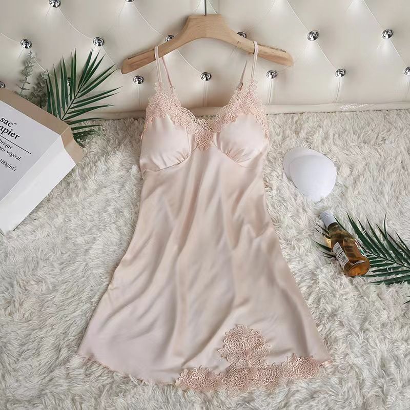 Clothes > Women's New style sexy spring and summer suspender nightgown with breast pad for women's sexy spring and summer suspender nightgown ice silk pajamas women's lace slim gathering home clothes