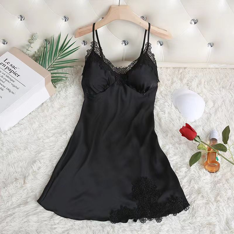 Clothes > Women's New style sexy spring and summer suspender nightgown with breast pad for women's sexy spring and summer suspender nightgown ice silk pajamas women's lace slim gathering home clothes