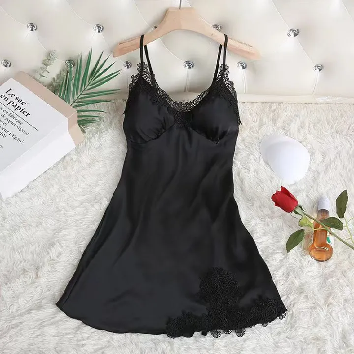 Clothes > Women's New style sexy spring and summer suspender nightgown with breast pad for women's sexy spring and summer suspender nightgown ice silk pajamas women's lace slim gathering home clothes