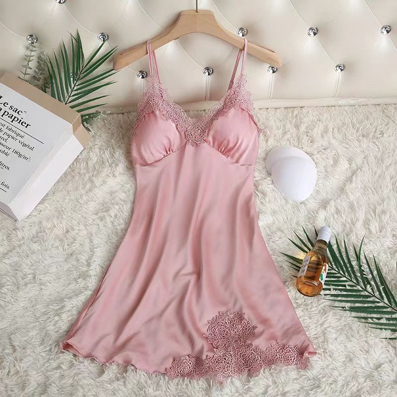 Clothes > Women's New style sexy spring and summer suspender nightgown with breast pad for women's sexy spring and summer suspender nightgown ice silk pajamas women's lace slim gathering home clothes