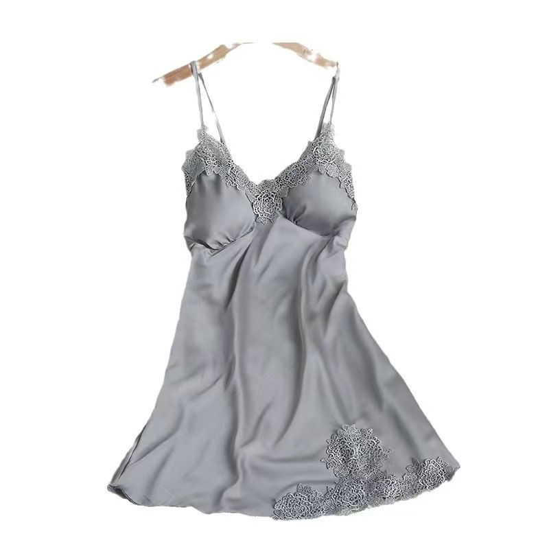 Clothes > Women's New style sexy spring and summer suspender nightgown with breast pad for women's sexy spring and summer suspender nightgown ice silk pajamas women's lace slim gathering home clothes