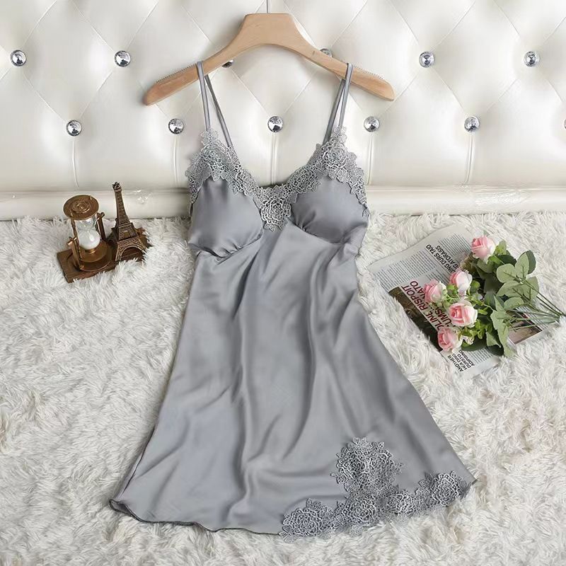 Clothes > Women's New style sexy spring and summer suspender nightgown with breast pad for women's sexy spring and summer suspender nightgown ice silk pajamas women's lace slim gathering home clothes