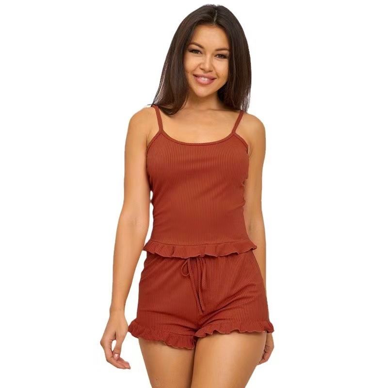 Clothes > Women's Clothing > Clothing Sets > Two-Piece Outfits Hot-selling pajamas in Europe and America Female Sexy Sling Shorts Two-piece Pajamas Women's Set Solid Color Striped Home Clothing