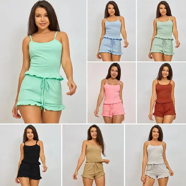 Clothes > Women's Clothing > Clothing Sets > Two-Piece Outfits Hot-selling pajamas in Europe and America Female Sexy Sling Shorts Two-piece Pajamas Women's Set Solid Color Striped Home Clothing