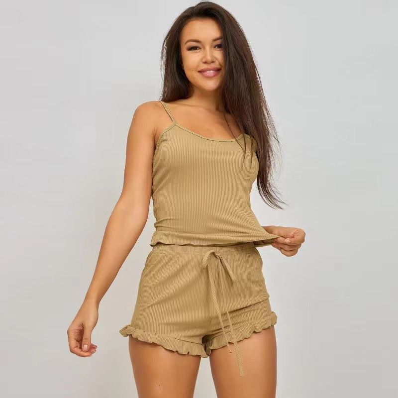 Clothes > Women's Clothing > Clothing Sets > Two-Piece Outfits Hot-selling pajamas in Europe and America Female Sexy Sling Shorts Two-piece Pajamas Women's Set Solid Color Striped Home Clothing