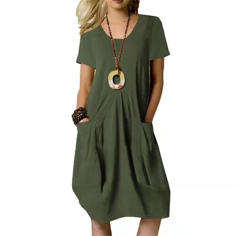 Clothes > Women's Clothing > Dresses New summer hot-selling cotton and linen solid color loose round neck short-sleeved dress