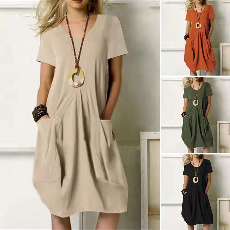 Clothes > Women's Clothing > Dresses New summer hot-selling cotton and linen solid color loose round neck short-sleeved dress