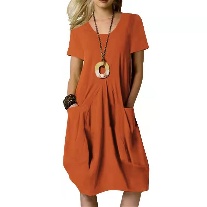 Clothes > Women's Clothing > Dresses New summer hot-selling cotton and linen solid color loose round neck short-sleeved dress