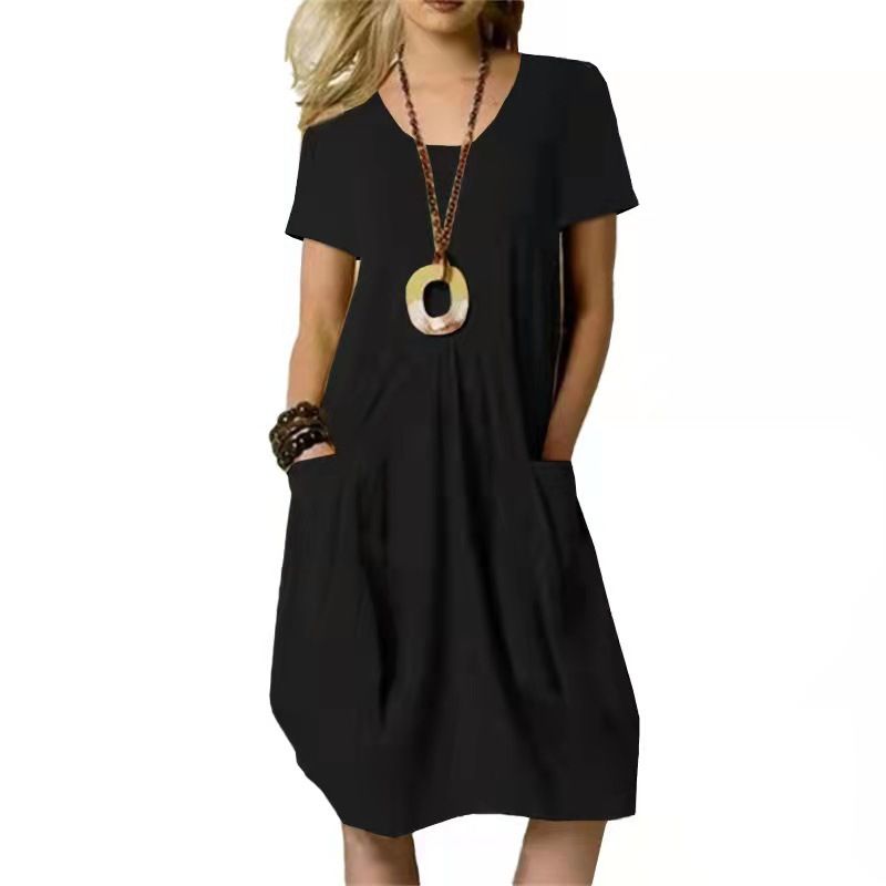 Clothes > Women's Clothing > Dresses New summer hot-selling cotton and linen solid color loose round neck short-sleeved dress