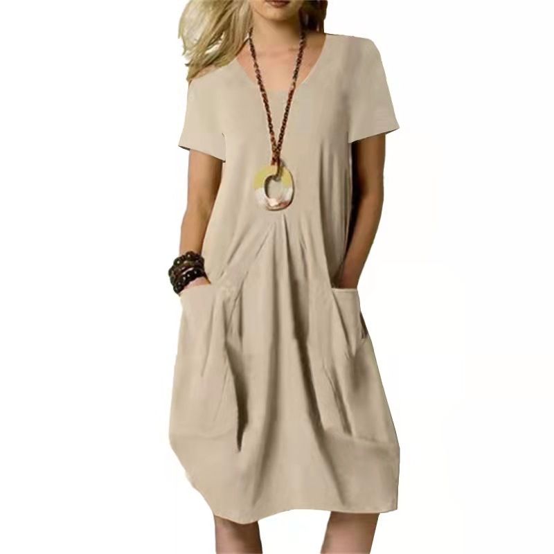 Clothes > Women's Clothing > Dresses New summer hot-selling cotton and linen solid color loose round neck short-sleeved dress