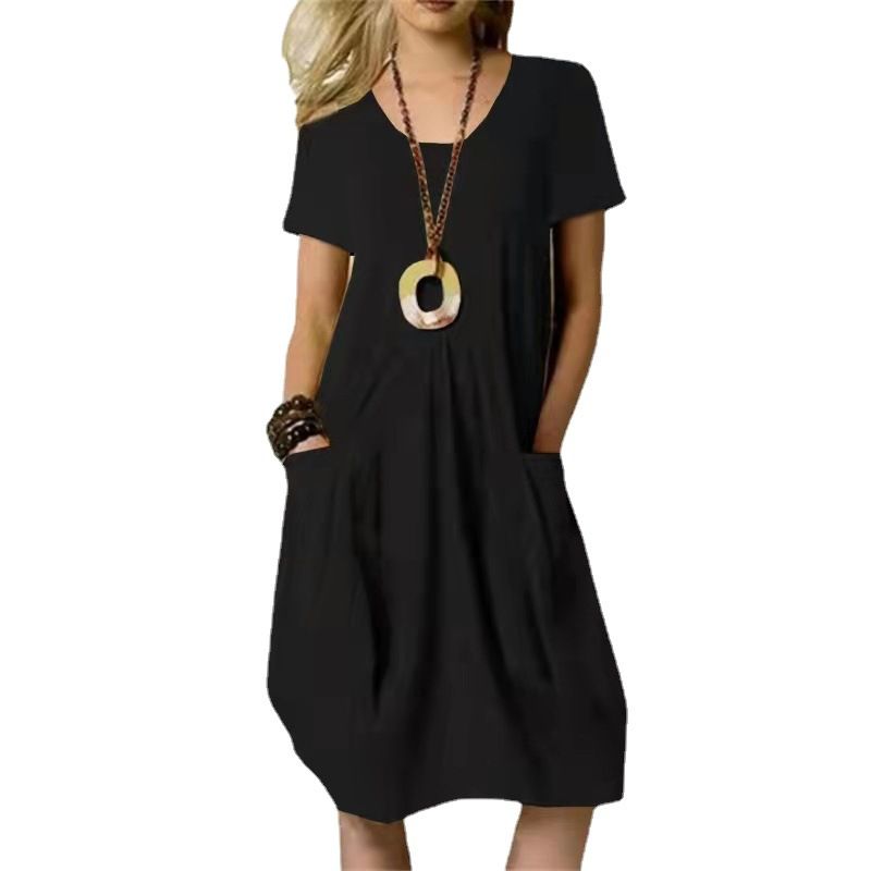 Clothes > Women's Clothing > Dresses New summer hot-selling cotton and linen solid color loose round neck short-sleeved dress
