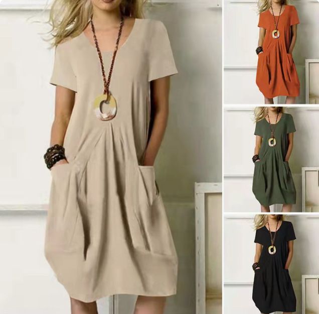 Clothes > Women's Clothing > Dresses New summer hot-selling cotton and linen solid color loose round neck short-sleeved dress