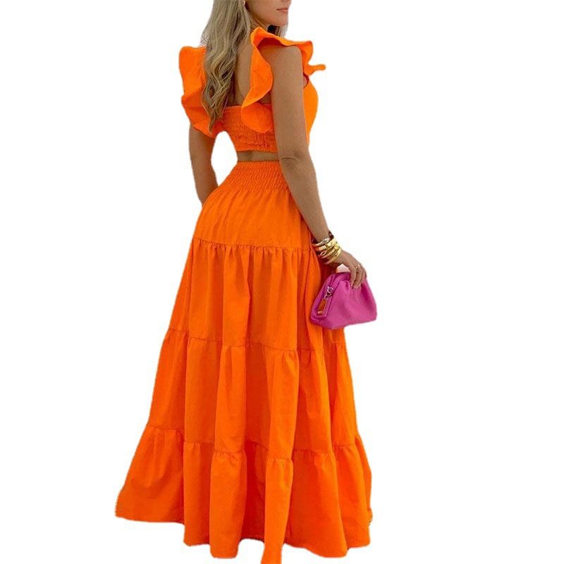 Clothes > Women's Clothing > Clothing Sets > Two-Piece Outfits New European and American commuting mid-waist sexy suspender big hem skirt fashion suit women's two-piece top + skirt
