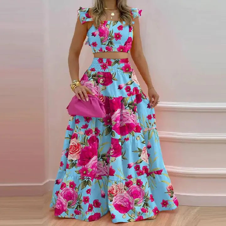 Clothes > Women's Clothing > Clothing Sets > Two-Piece Outfits New European and American commuting mid-waist sexy suspender big hem skirt fashion suit women's two-piece top + skirt