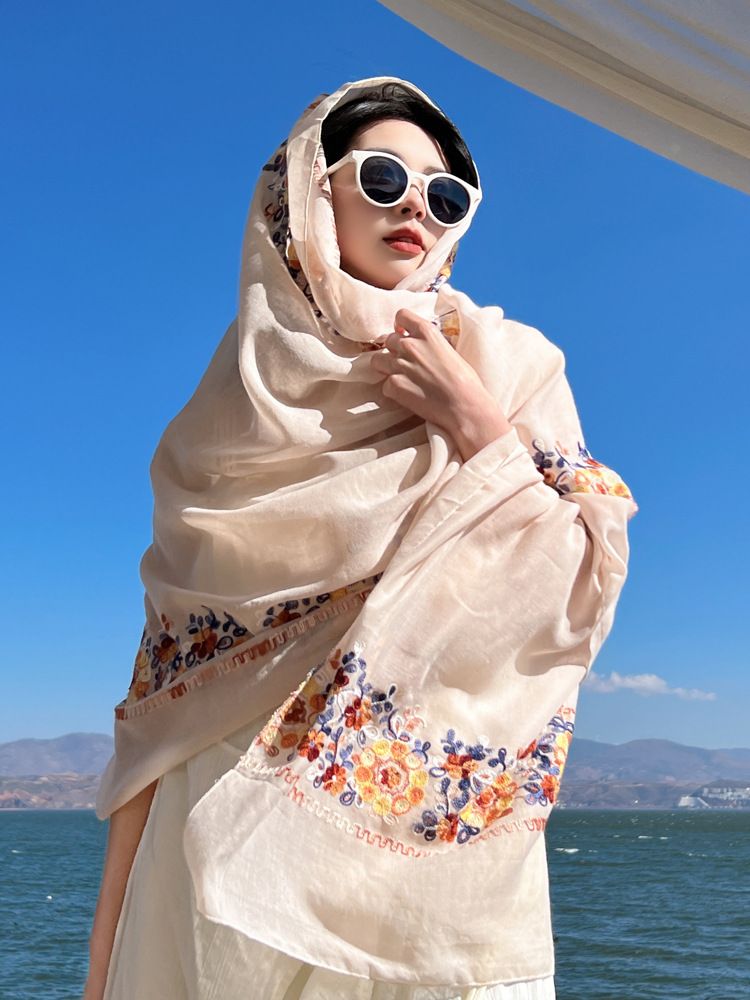 Fashion Accessories > Accessories > Women Accessories > Scarves > Fashion Scarves Ethnic style cotton linen scarf for women in summer shawl travel sun protection beach towel big silk scarf gauze scarf