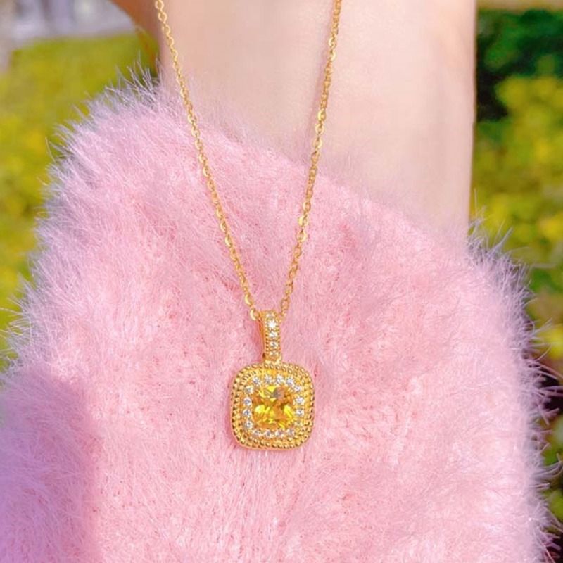 Jewelry Sets  1 Set of Jewelry Light Luxury Super Flash Small Sugar Cube Necklace/Bracelet/Earring for Women Small Yellow Crystal Bread Clavicle Chain Light Luxury Niche Design