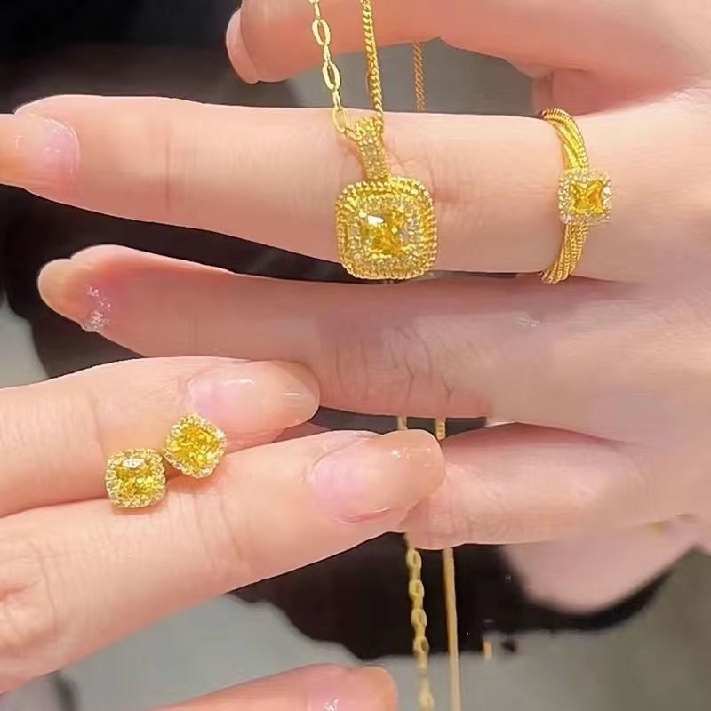 Jewelry Sets  1 Set of Jewelry Light Luxury Super Flash Small Sugar Cube Necklace/Bracelet/Earring for Women Small Yellow Crystal Bread Clavicle Chain Light Luxury Niche Design