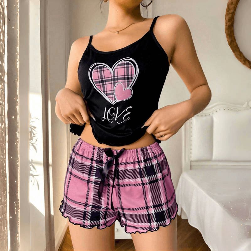Clothes > Women's Clothing > Clothing Sets > Two-Piece Outfits  Summer European and American style women's sexy suspender shorts pajamas milk silkscreen printed two-piece home clothes