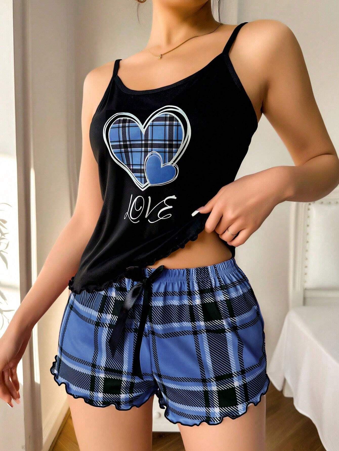 Clothes > Women's Clothing > Clothing Sets > Two-Piece Outfits  Summer European and American style women's sexy suspender shorts pajamas milk silkscreen printed two-piece home clothes