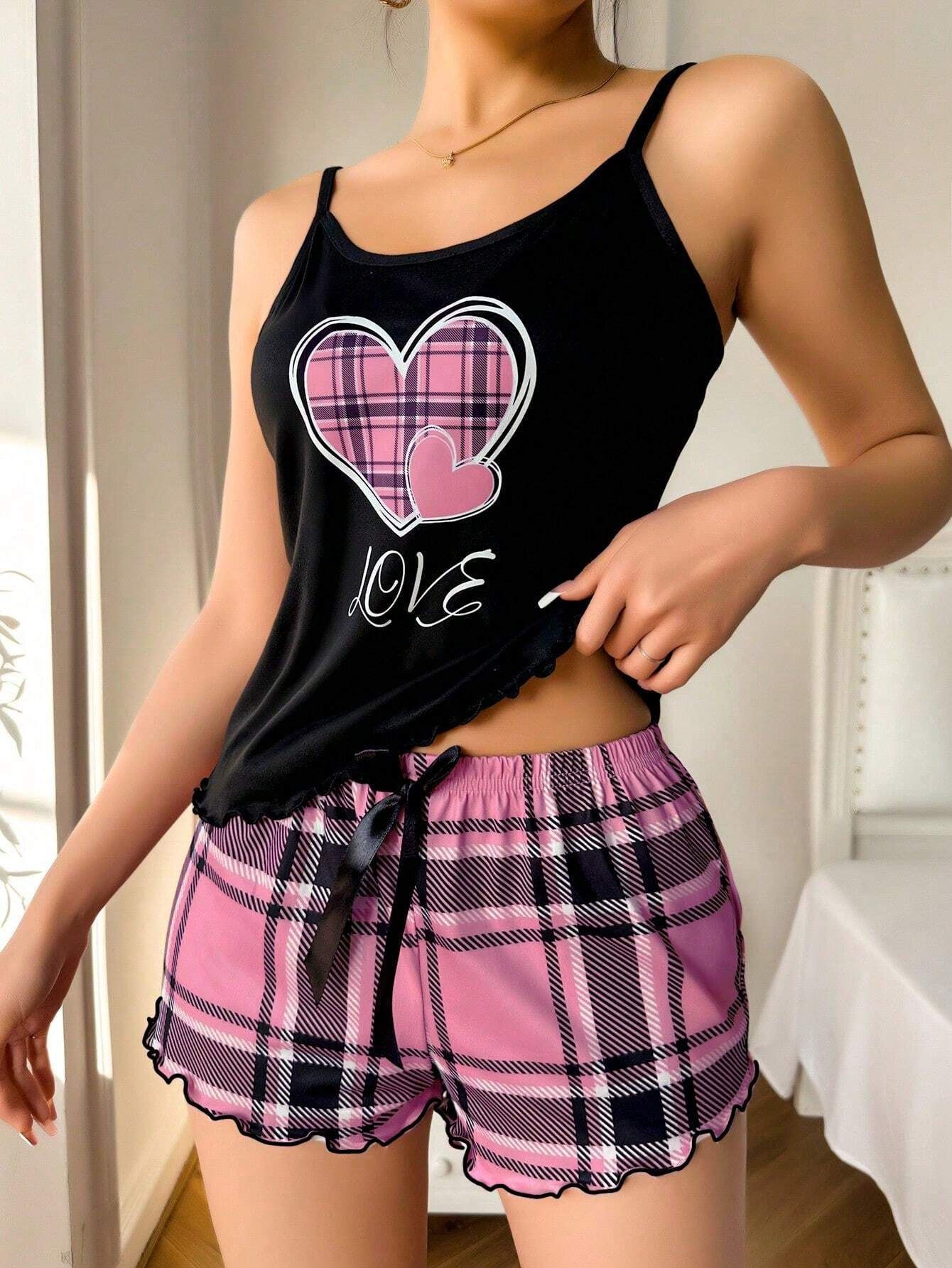 Clothes > Women's Clothing > Clothing Sets > Two-Piece Outfits  Summer European and American style women's sexy suspender shorts pajamas milk silkscreen printed two-piece home clothes