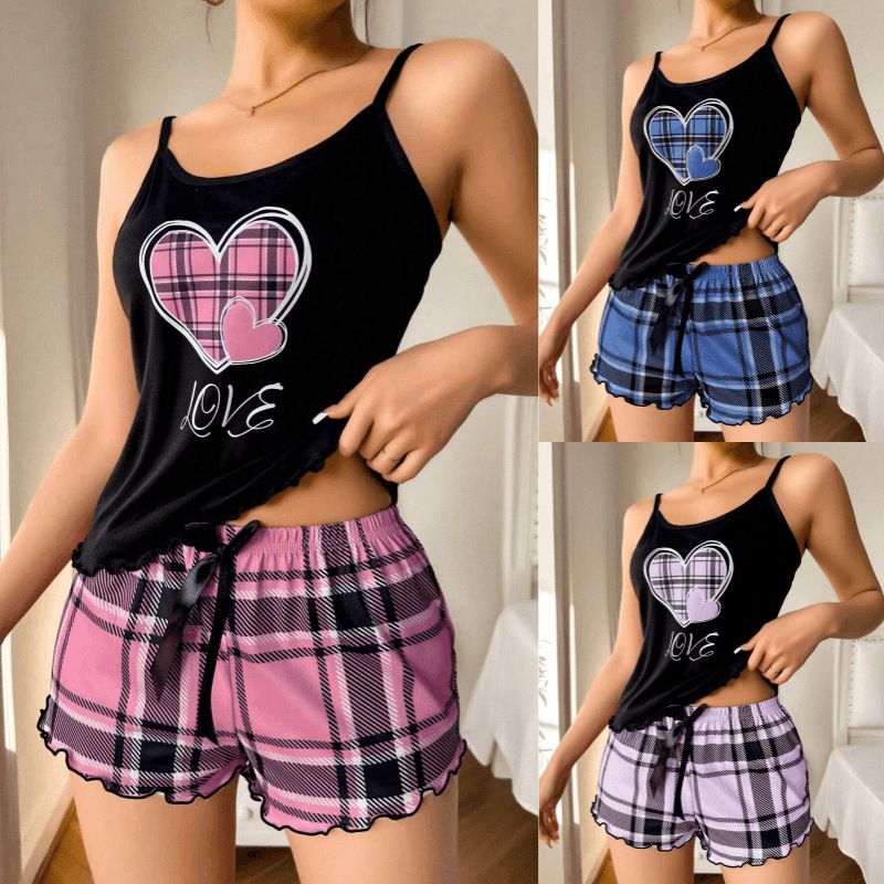 Clothes > Women's Clothing > Clothing Sets > Two-Piece Outfits  Summer European and American style women's sexy suspender shorts pajamas milk silkscreen printed two-piece home clothes