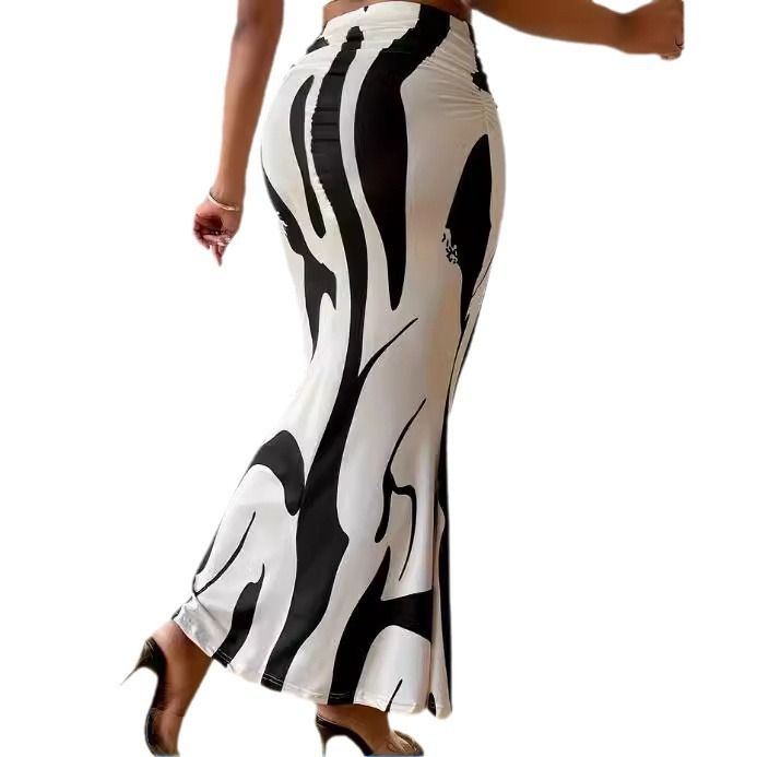 Clothes > Women's Clothing > Bottoms > Skirts  European and American zebra pattern to make you look slim and tall, hot selling half-body tight high waist fish tail pencil long skirt